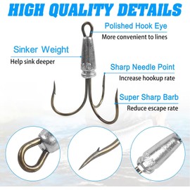 Snagging Hooks 3PCS Fishing Snagging Weighted Treble Hooks Large Treble Bunker Fishing Hooks for Baitfish Trout Bass 30g/40g/60g/80g (12/0-3PCS)