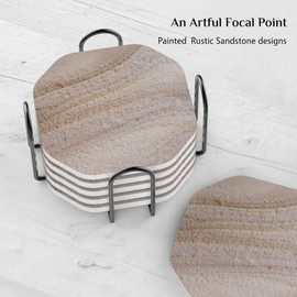 UMIRRO Stone Coasters for Drinks Absorbent for Wooden Coffee Table, Ceramic Stoneware Cup Coasters with Holder for Cold Beer or Hot Tea, Condensation Absorbing, Sandstone Style, Thirsty-Clay, 6 Pack