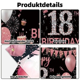 18.Geburtstag Banner Roségold Schwarz, 18.Geburtstagsbanner, Deko 18 Geburtstag Dekoration Hintergrund, Happy Birthday Banner, Extra Groß Party Geburtstagsdeko Hintergrund (180 x 110 cm)