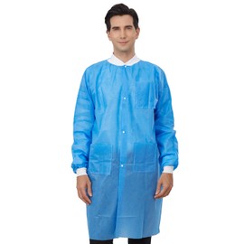 Greenour Disposable Lab Coats Blue Pack of 10 SMS with Pockets for Adult Knitted Collar and Cuffs Breathable Fluid Resistant (Medium)