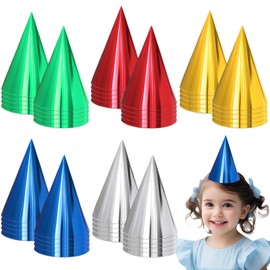 50 Pack Colorful Birthday Party Hats Cone Hats for Adults Metallic Foil Cone Headwear