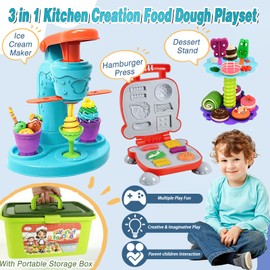 COREPR Toys 62 Pcs 3 in 1 Color Dough Kitchen Creations Food Modeling Playset with Portable Box,Ice Cream Hamburger Maker Machine and Dessert Stand with Tools Kit Art Craft Toys for Kids