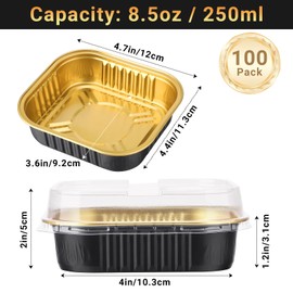Beasea Aluminum Foil Ramekin Cups With Lids, 100 Pack 8.5oz 250ml 4 Inch Mini Disposable Square Foil Ramekins Aluminum Oven Baking Brownie Cupcake Cup Tins for Party - Black Gold