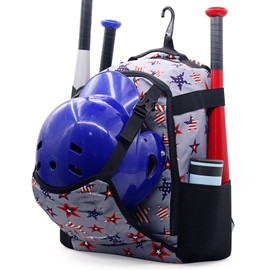 ZOEA Youth Baseball Bat Bag Backpack, T-Ball & Softball Equipment & Gear for Youth, Large Capacity Holds 2 Bats, Helmet, Gloves, Cleats, Helmet Holder and Includes Fence Hook (Star Grey)