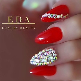EDA LUXURY BEAUTY RED 3D GLAMOROUS JEWEL DESIGN Full Cover Press On Gel Glitter Artificial Nail Tips Shiny Acrylic False Nails Extra Long Oval Round Pointed Almond Stiletto Super Fashion Fake Nails