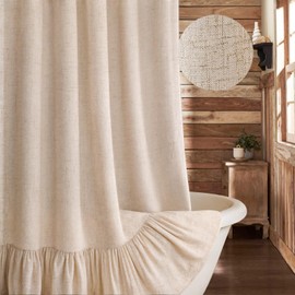 XOGUIBO Farmhouse Shower Curtain with Ruffle Hem Linen Beige Shower Curtains for Bathroom Boho Country Rustic Natural Fabric, 72" W x 72" L