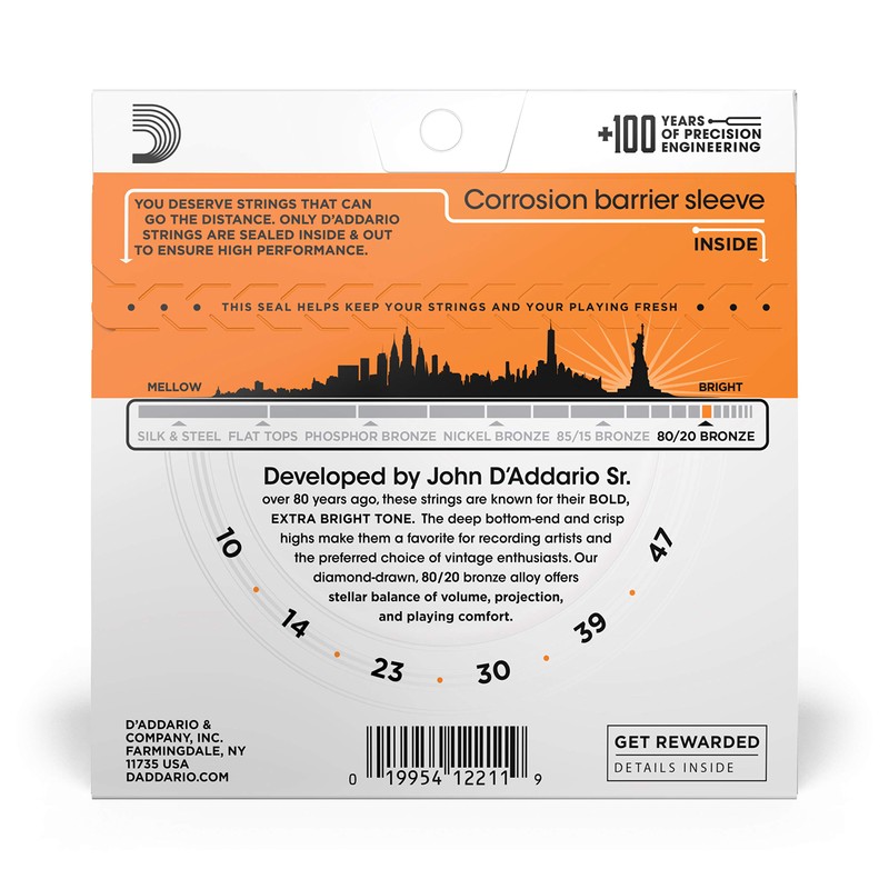 D'Addario EJ10 Bronze Acoustic Guitar Strings, Extra Light, 10-47 (Pack