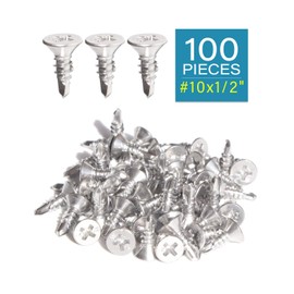 IMScrews 100pcs #10 x 1/2" Stainless Flat Head Phillips Self Drilling Screws, 410 Stainless Steel Full Thread Sheet Metal Tek Wood to Metal Screws