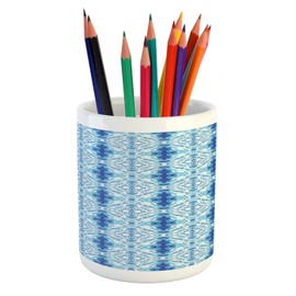 Ambesonne Psychedelic Pencil Pen Holder, Grunge Style Hippie Eastern Like Indonesian Folk Effect Design, Ceramic Pencil Holder for Desk Office Accessory, 3.6" X 3.2", Pale Blue and Royal Blue