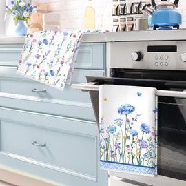 Arquiel Blue Wildflower Microfiber Kitchen Towels, Soft Absorbent Hand Towel 40 × 60 cm, Thick Dish Cloth for Party Anniversary Holiday Decoration Housewarming Gifts
