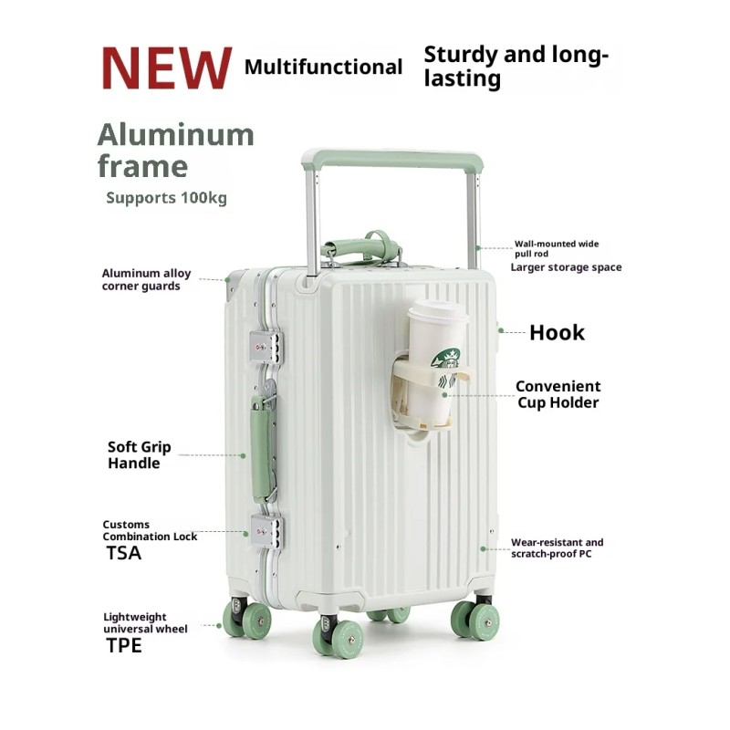 2025 Latest Aluminum Frame Luggage Full PC Suitcase Wide-trolley Carry