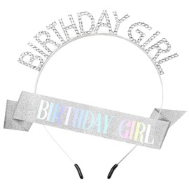 Birthday Crown Birthday Sash for Women, Birthday Girl Sash, Birthday Girl Crown, Glitter Silver Birthday Sash and Crown Rhinestone Headband Set, Happy Birthday Girl Princess Tiara Sash Accessories