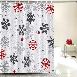 JOOCAR Christmas Snowflakes Shower Curtain Winter Red Grey White Snowflake Waterproof Shower Curtains for Bathroom Merry Xmas New Year Holiday Bathroom Shower Curtain Set with Hooks 72x72 Inch