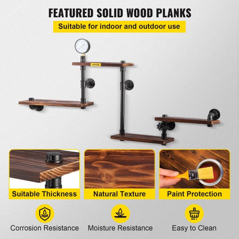 Industrial Pipe Shelving, Pipe Shelves with 4-Tier Wood Planks, Rustic
