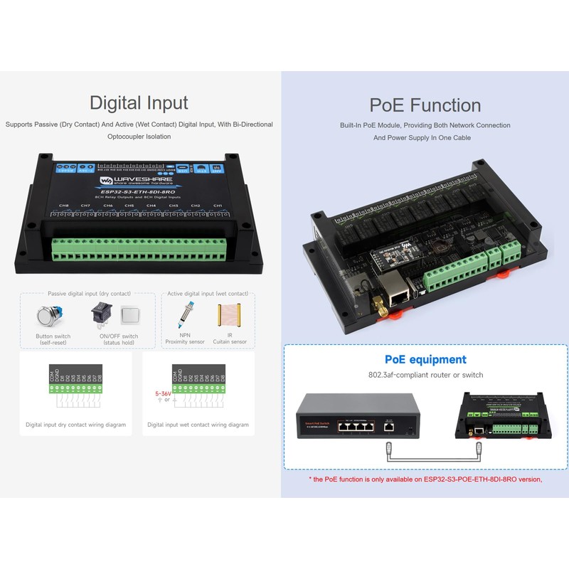Industrial 8-Channel ESP32-S3 WiFi Relay Module, RS485, Digital Input, Relay,
