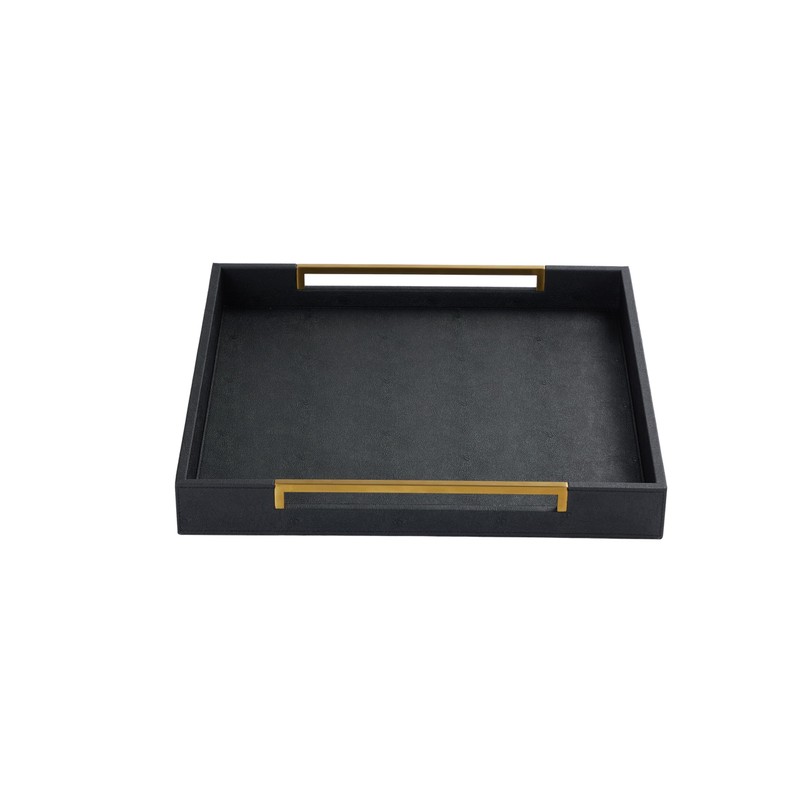 Extra Large Black Shagreen Leather Ottoman Tray with Gold Handles