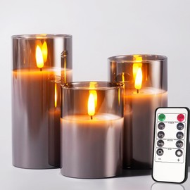 Glass Battery Operated LED Pillar Flameless Candles with10-Key Remote and Timer, Real Wax Candles Warm Color Wick Flickering Light for Festival Wedding bar Cafe Home Party Decor(Pack of 3)-Grey