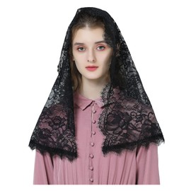 BEAUTELICATE Women's Mantilla Veil Lace Chapel Catholic Veil Scarf Stole Headwear Lace Black White for Catholic Church Latin Mass Church Wedding Bridal V114, black