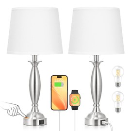 White Lamps for Bedrooms Set of 2 - Touch Control Bedside Lamp with USB C+A, 3 Way Dimmable Nightstand Lamps with USB Port, Table Lamp for Living Room(White Shade and Nickel Base)