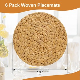 6 Pack Woven Placemats Round,13 Inches Natural Water Hyacinth Weave Placemat,Heat Resistant Non-Slip Rattan Placemat Woven Placemats Farmhouse Boho Rattan Table Mats for Kitchen, Dinner, Outdoor