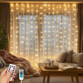 Patioman 2 Pack Fairy Curtain Lights, 300 LED Upgraded Tangle-Free Hanging Lights with Remote, USB Plug in String Lights for Wall Window Wedding Party Xmas Home Décor - 9.8 x 9.8 Ft, Warm White