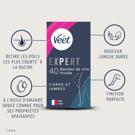 Veet Expert - 40 Wax Strips for Body & Legs - For Sensitive Skin - Perfect Workmanship - Long Lasting Hair Removal