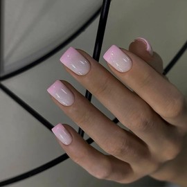 24pcs False Nails Short - Gradient Pink Stick on Nails - Fake Nails with Glue - French Tip Press on Nail in 12sizes - Removable Glossy Full Cover Acrylic nails with Nail File & nail Sticky Tabs