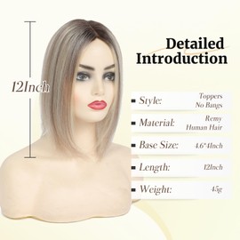 Hair Toppers for Women Real Human Hair 12 Inch Upgrade Mono Base 4.6x4 Inch Human Toppers for Women with Thinning No Bangs for Add Volume（Ombre Light Brown with Blond Highlight）