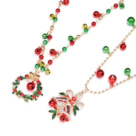 HZEYN Christmas Necklace for Women Christmas Bell Wreath Pendant Necklace Long Jingle Bell Chain Xmas Festive Necklace 2 Pieces