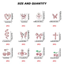 CUBLIVE 24PCS Nail Charms Y2k Alloy Nail Art Rhinestone Charms 3D Heart Bow Butterfly Charm with Rhinestones Cherry Nail Gems Shiny Jewelry Nail Decorations Accessories Supplies (SP)