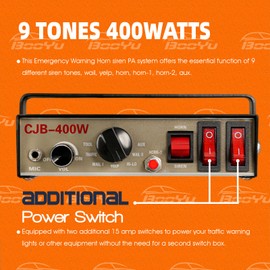 BooYu 12V 400W 9 Tones Police Warning Emergency Siren PA System [Black Steel Speaker][125-135dB][Handheld Microphone][2 x 10A Switches] for Firefighter Ambulance Vehicles Truck SUV ATV UTV