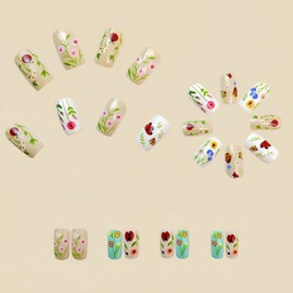 Summer Press on Nails Short Square Cute Flower Fake Nails with Designs Butterfly Ladybug Floral False Nail Tips Glossy Full Cover Artificial Acrylic Spring Glue On Nails Stick On Nails For Women 24PCS