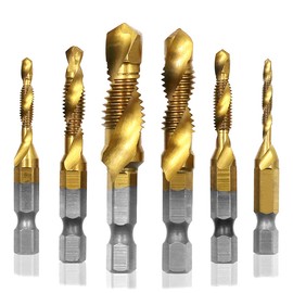 Mesee 6 Pieces HSS Countersink Tap Drill Bits, Titanium Coated Combination Drill & Tap Bit Set Hex Shank Spiral Pointed Taps Drill Bit -Metric Size M3 M4 M5 M6 M8 M10