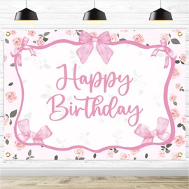 Coquette Happy Birthday Backdrop Banner - Pink Bow Birthday Party Decorations, Floral Happy Birthday Banner, Coquette Baby Shower Birthday Party Photography Backgrounds, 7x5Ft