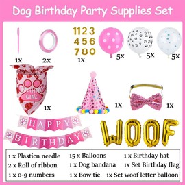 Ficsowy Dog Bandana Birthday Party Supplies Set, Includes Woof Balloons, Happy Birthday Banner, Dog Outfit, Party Hat, Paw Print Balloons, for Girl Dog Birthday Party Decorations(Pink)