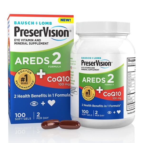 PreserVision AREDS 2 Eye Vitamins with CoQ10 for Heart Health, Lutein, Zeaxanthin, Vitamin C & E, Zinc, Copper, 100 Softgels