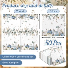 JarThenaAMCS 50Pcs Fall Paper Napkin Watercolor Blue Pumpkin Leaves Luncheon Napkins Autumn Dessert Dinner Hand Napkin for Thanksgiving Party Supplies