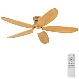52 Inch Flush Mount Ceiling Fans with Lights, Solid Wood Blades, Low Profile Ceiling Fan, Modern DC Motor Reversible Gold Ceiling Fan with Remote Control for Bedroom Living Room