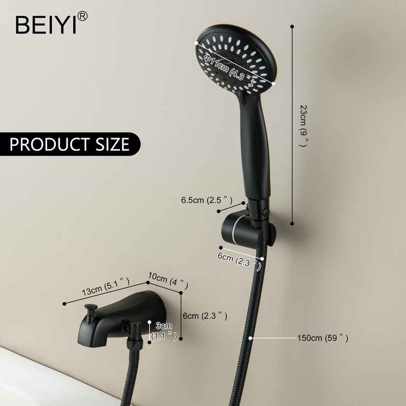 BEIYI Tub Spout with Diverter Matte Black, 5 Settings Metal