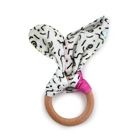 Kanga Care Baby Soft Muslin Sensory Crinkle Bunny Ear Wood Teething Ring - Radical 80's