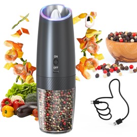 CIRCLE JOY Gravity Electric Pepper Grinder Rechargeable Salt Grinder Pepper Griner Mill Electric with LED Light, No Battery Needed, Adjustable Coarseness, Washable 135ml Container, Black