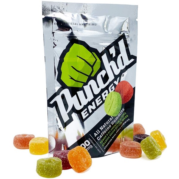 Punch'd Energy, All Natural Green Caffeine Gummies, 10 Count, (Pack of 10), 100mg of Caffeine per Pack, Vitamin C, Low Glycemic, Low Calorie, Clean Caffeine