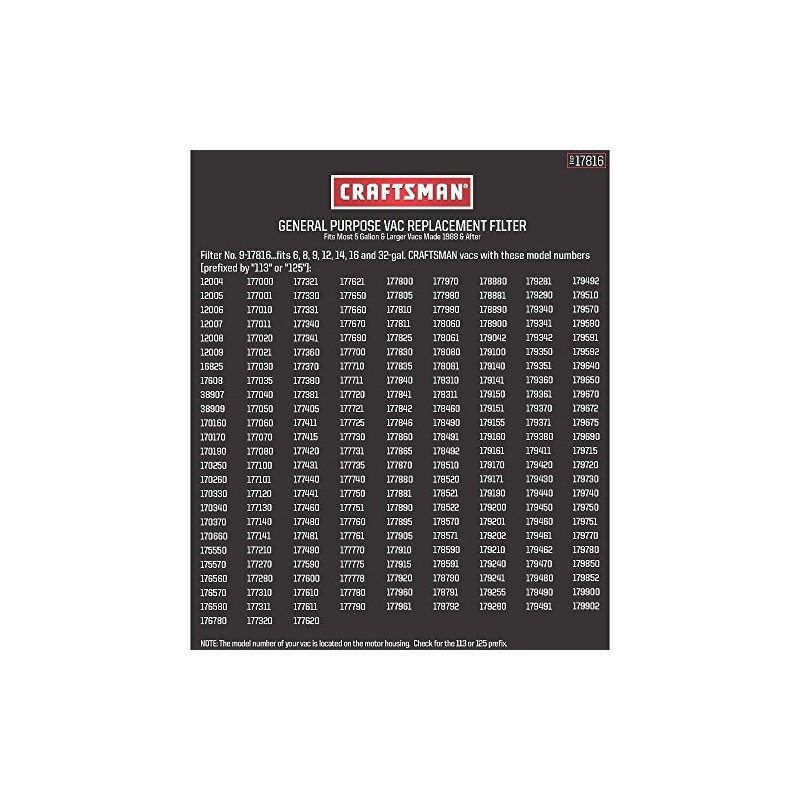 Craftsman 9-17816 Filter Fits All Current Craftsman Vacuums 5 Gallons