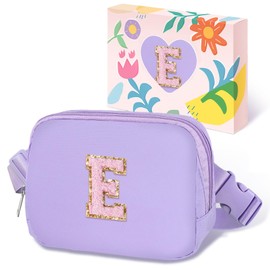 COSHAYSOO Easter Birthday Initial Gifts for Teen Girls 5 6 7 8 9 10 11 12 13 14 Year Old Purple Fanny Pack for Girls Belt Bag Crossbody Travel Purse Unique Trendy Preppy Stuff Chenille Letter E