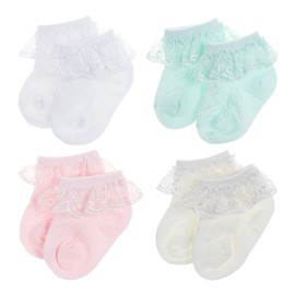 BQUBO - Calcetines para bebé y niña, con ojales, con encaje, para recién nacidos/bebés/niños pequeños con volantes, 4 pares C: blanco, marfil, luz cryan, rosa, 0-6 Meses