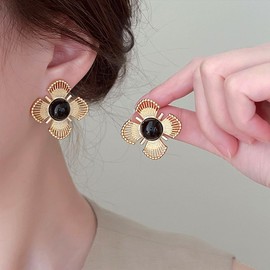 14K Gold Hollow Flower Stud Earrings for Women,Vintage Statement Black Acrylic Large Floral Dangle Earrings,Unique Formal Prom Jewelry Gifts (Flower)
