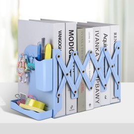 Honagu Adjustable Bookends, Metal Book Ends for Shelves Heavy Book, Desk Magazine File Organizer for Home, Office, Books, Papers with Removable Hook, Pen Holder（Light Blue）
