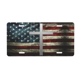 American Flag Cross License Plate Aluminum Metal Tag Metal Car Plate Novelty Auto Decoration 6 X 12 Inch