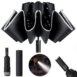 EMAGIE Paraguas Plegable Inverso Automático - Sombrilla para Lluvia con LED Paraguas Grande Reforzado 105cm Paraguas Invertido Anti-viento, con 10 Varillas, Tiras Reflectantes, Paraguas de Viaje para Lluvia y Sol, Paraguas Portátil de Viaje para Hombres 