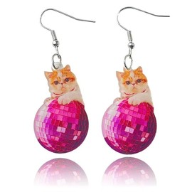 twinkle eye Acrylic Pink Shiny Disco Ball Dangle Drop Earrings Music Dancing Club 70s 80s Cat Earrings Concert Costume Jewelry for Women